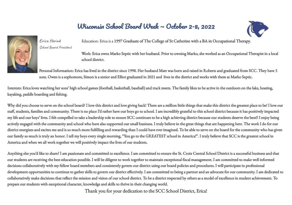 WI School Board Week Erica Herink St. Croix Central High School