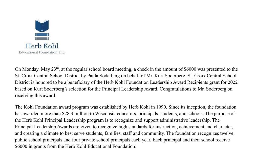 Herb Kohl Principal Leadership Award St. Croix Central High School